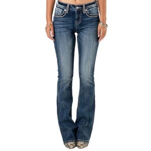 Miss Me Rhinestone Embellished Cross Design Bootcut Jeans in Dark Wash